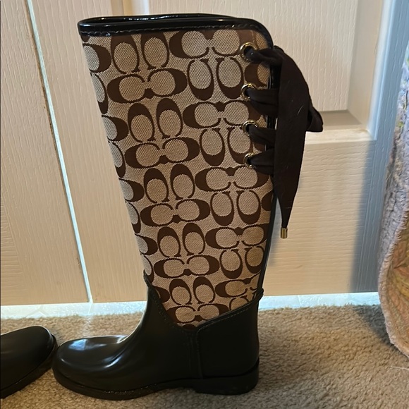 Coach Monogram Rain Boots - Black and Tan - Picture 5 of 17